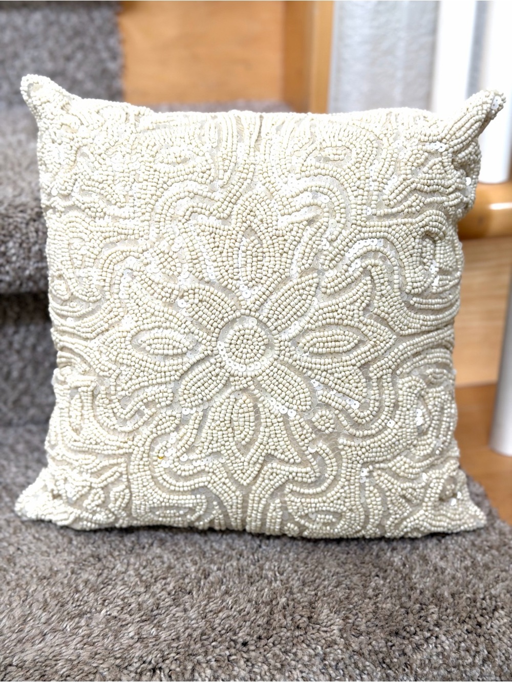 Pier 1 Ivory Floral Beaded Sparkly Decorative Pillow. EUC. Glam. Cottagecore.